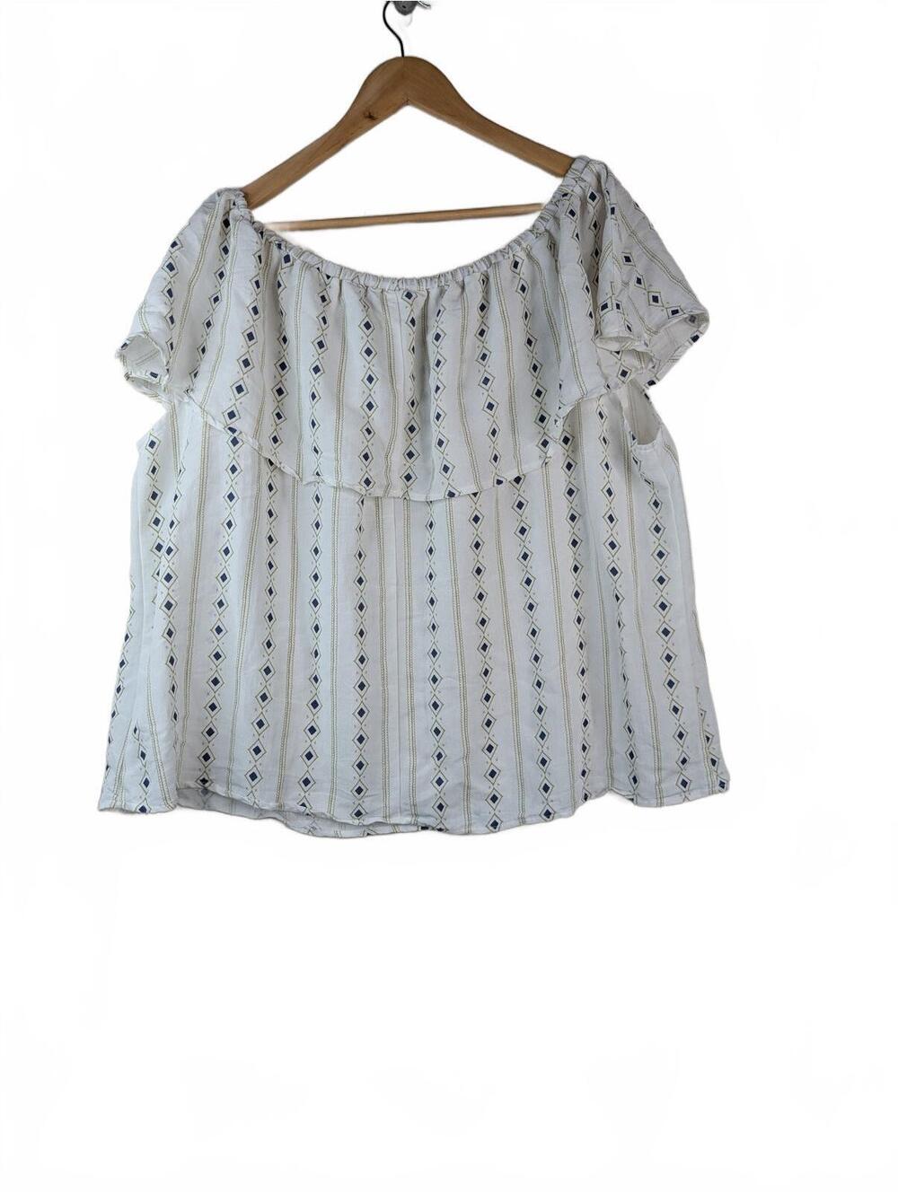 Q&A‎ Off-the-Shoulder Ruffle Top with Blue and Gold Geometric Print Size 3X